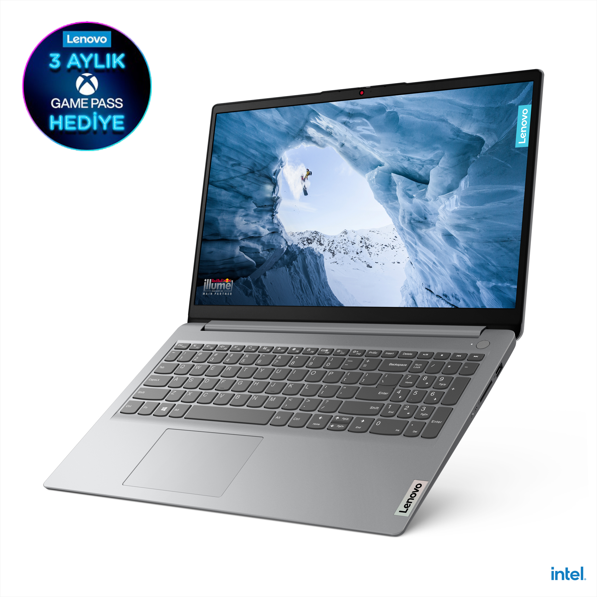 Gri Lenovo dizüstü bilgisayar, buzlu sahne sergiliyor. Köşede Game Pass teklifi.