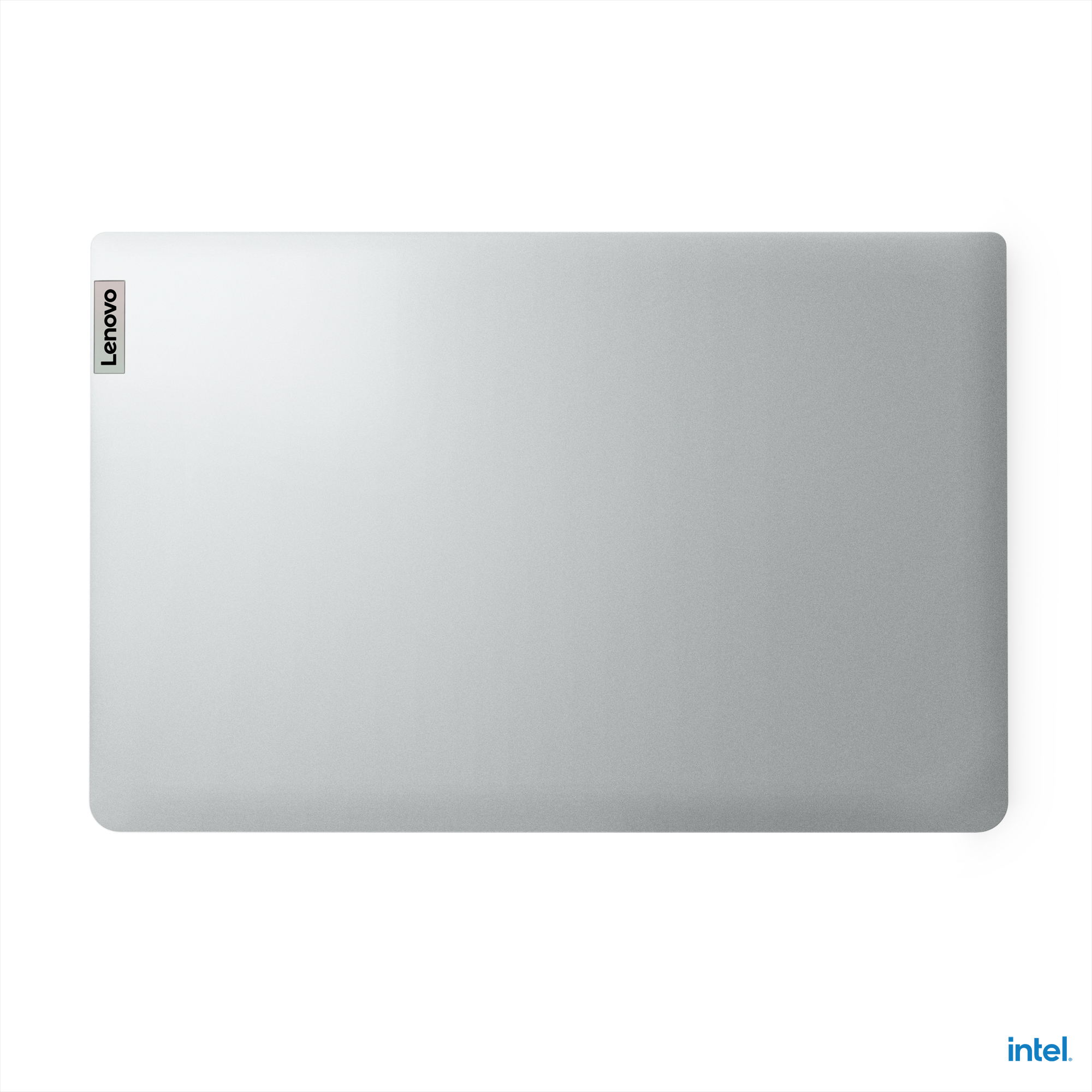 Üstünde Lenovo logosu olan gümüş renkli dizüstü bilgisayar, beyaz arka planda izole edildi.