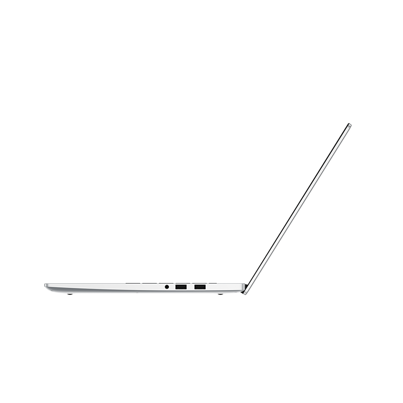 Ekranı açık gümüş bir dizüstü bilgisayarın profil görünümü. Lenovo logosu görülebilir. Siyah arka plan.