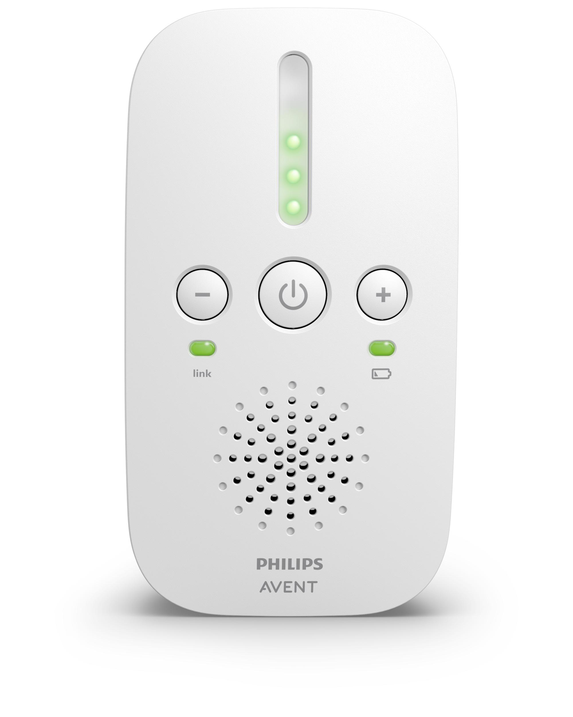 Weißer Babyphone mit Knöpfen, Lichtern und Lautsprecherlöchern, Philips Avent-Markenlogo.