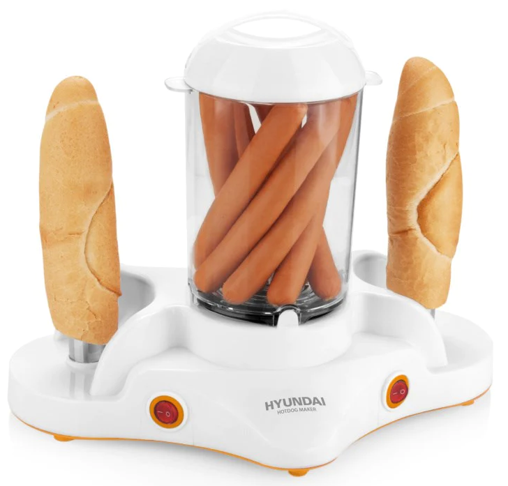 Fehér hotdogkészítő két felálló zsemlével, hat hotdoggal egy átlátszó tartályban és narancssárga gombokkal.