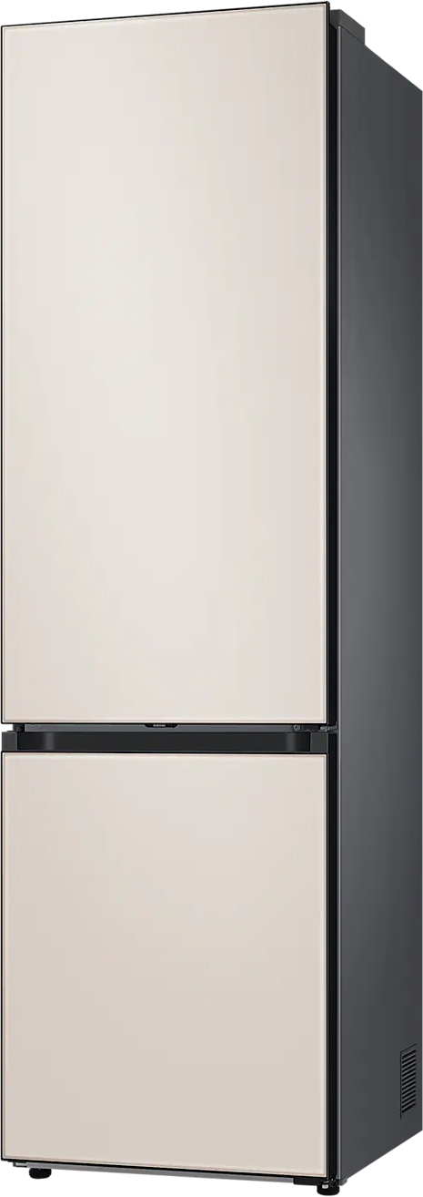 Frigorifero beige e nero. Ha due porte. Lo sfondo è bianco.