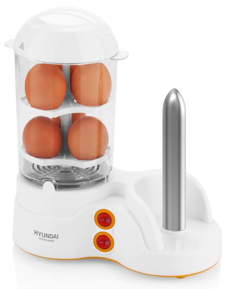 Fehér tojásfőző átlátszó tojástartóval és ezüst hot dog tüskével. Két piros gomb az alapon.