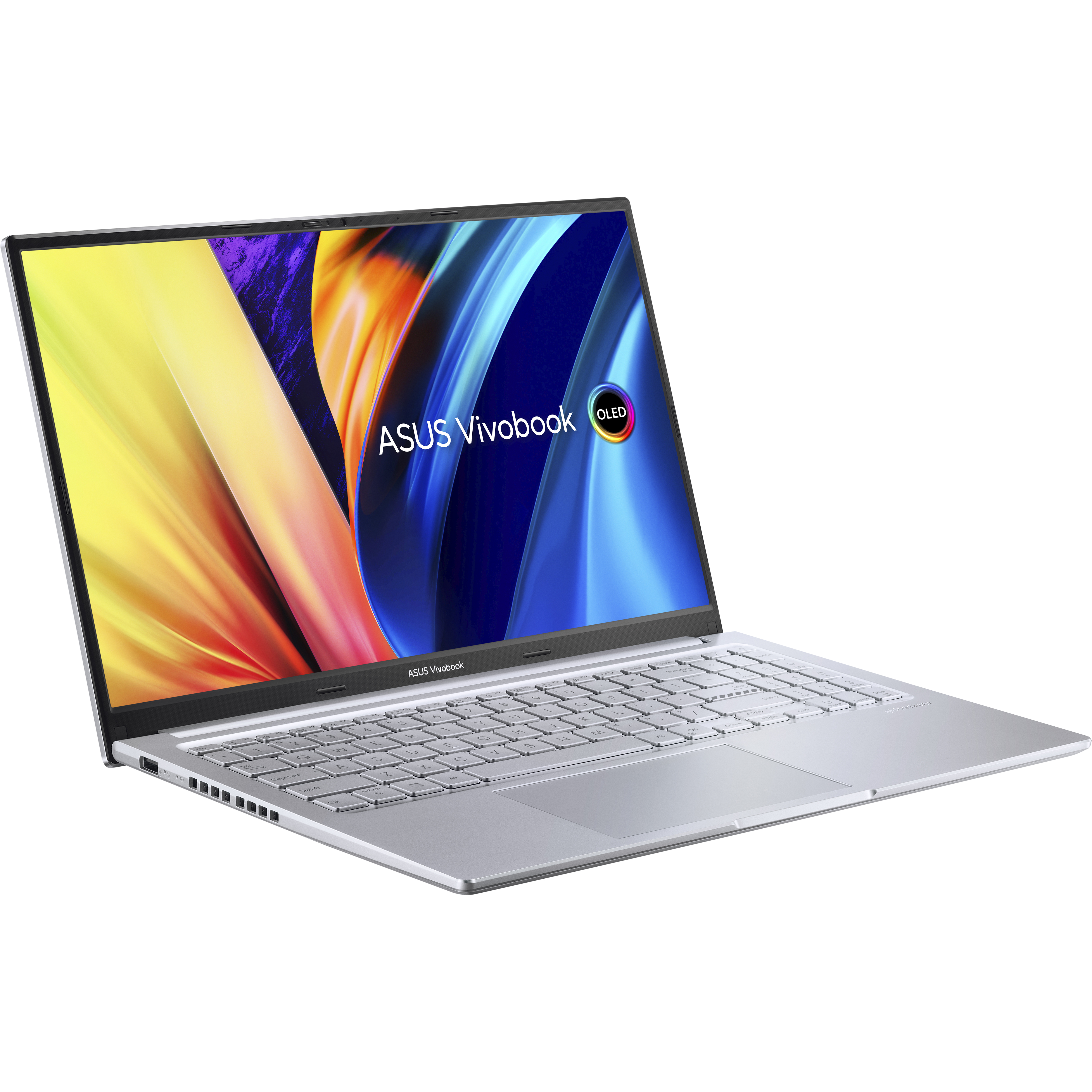 Portátil ASUS Vivobook plateado, abierto, mostrando pantalla con diseño colorido.