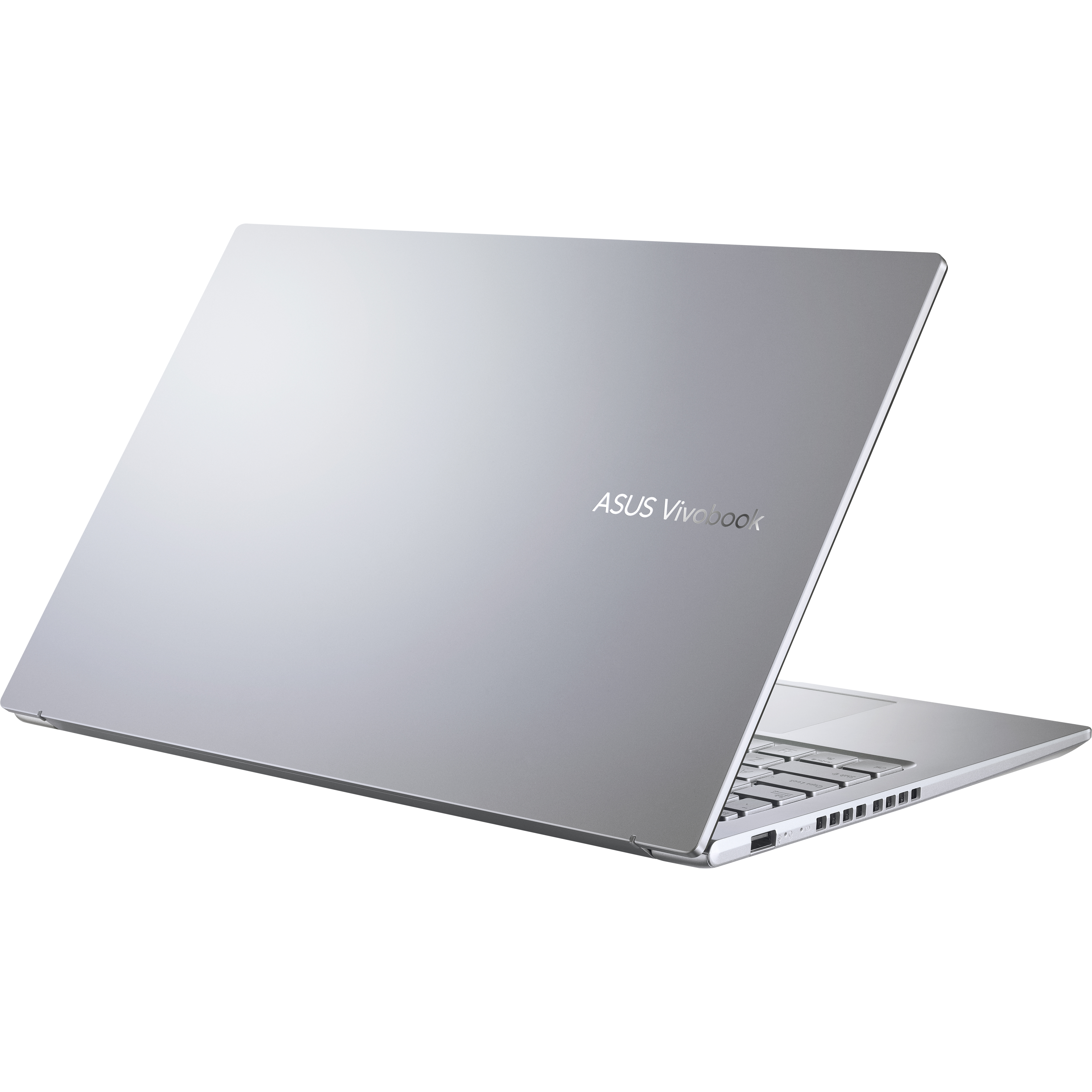 Portátil ASUS Vivobook plateado, abierto, mostrando el teclado. Fondo blanco.