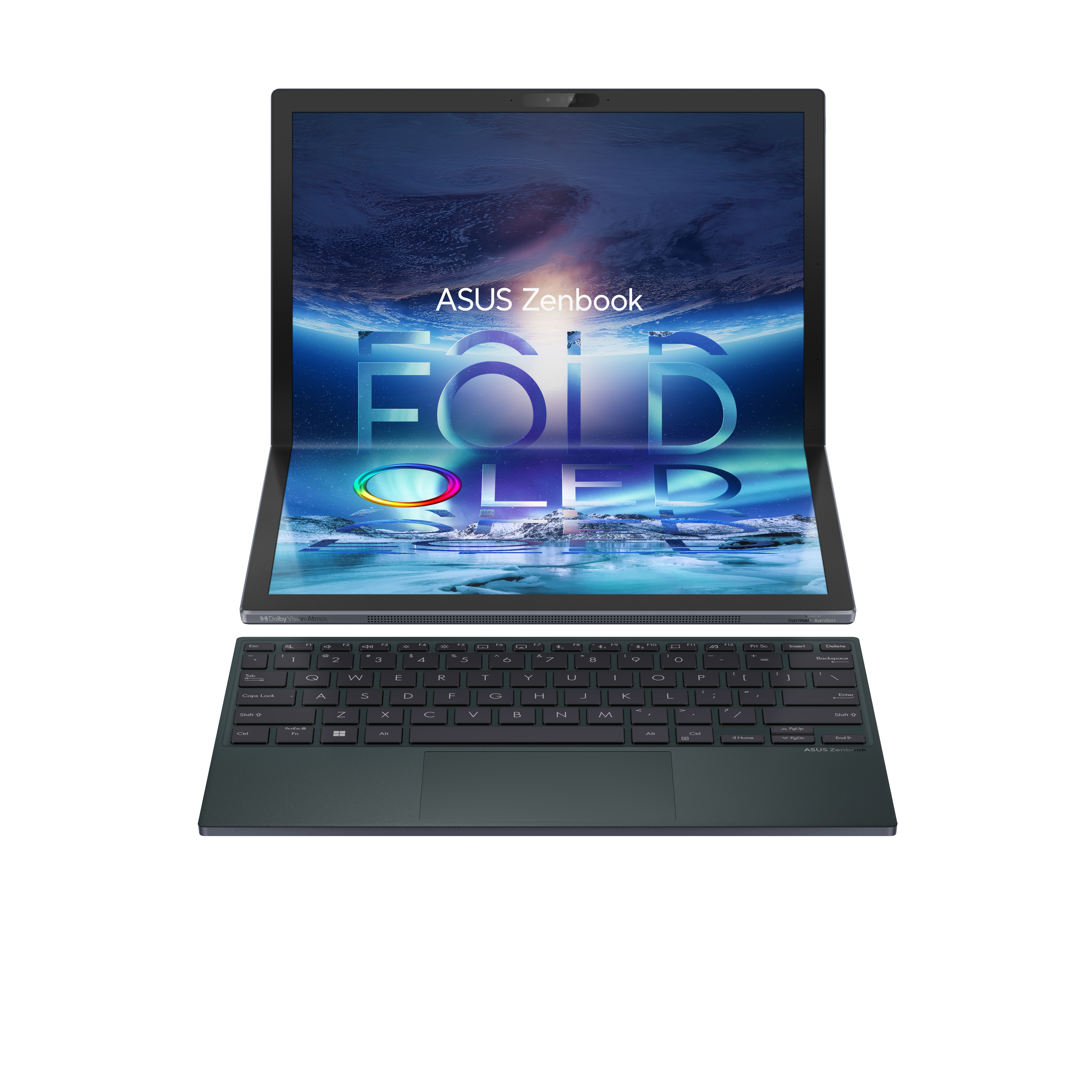 Un portátil ASUS Zenbook Fold OLED abierto sobre un fondo blanco con el teclado.