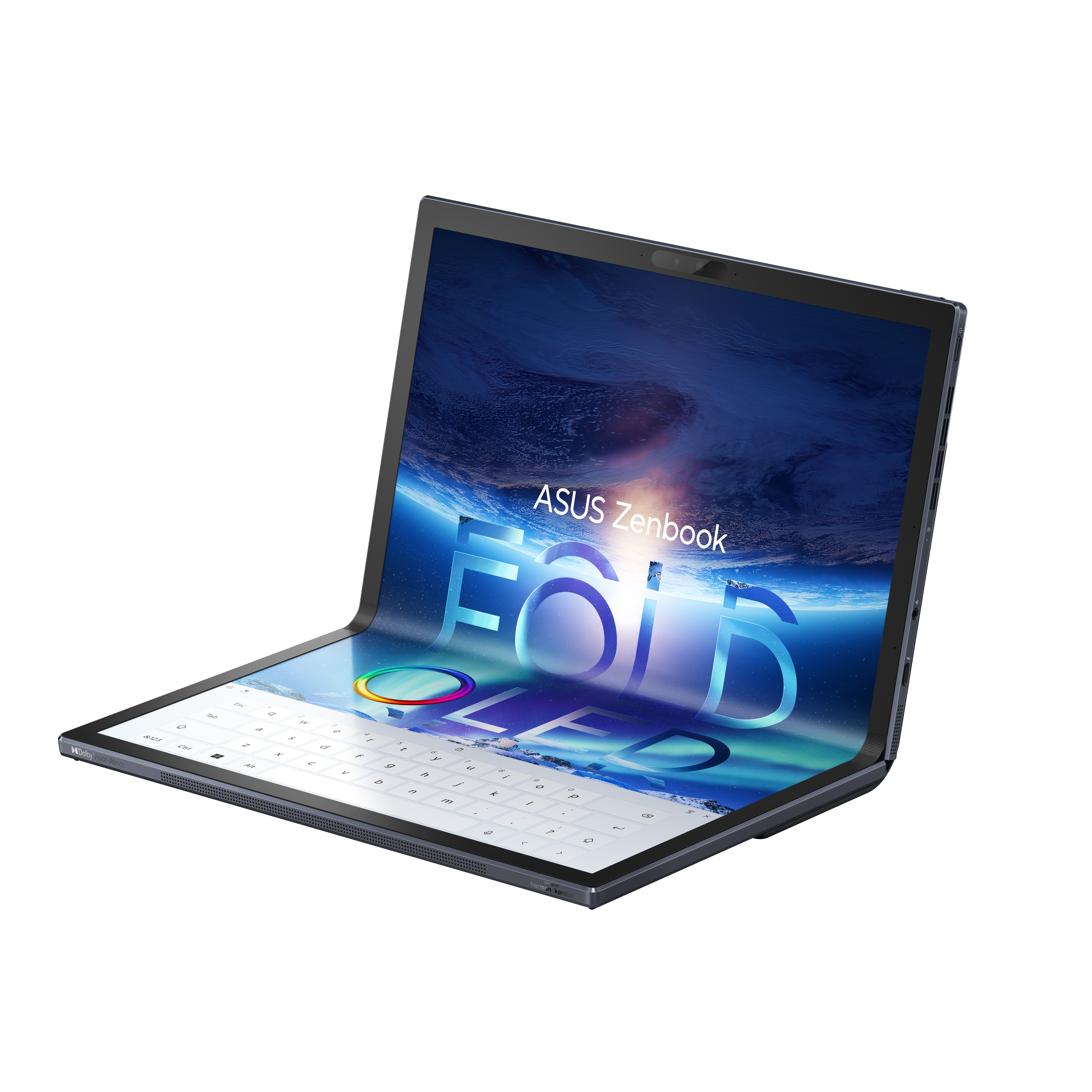 Portátil Asus Zenbook Fold, abierto, mostrando un teclado digital y una pantalla con 'ASUS Zenbook'.