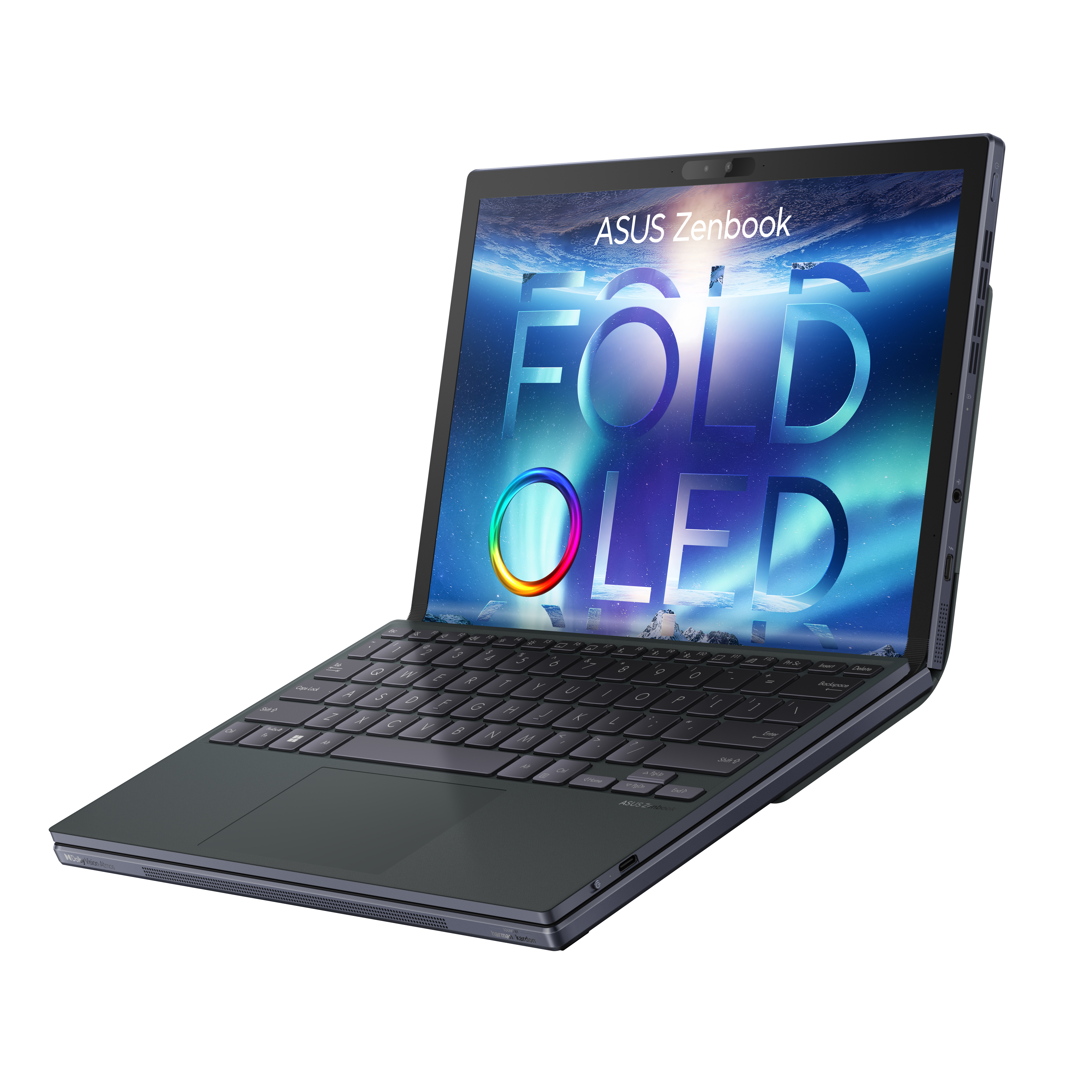 Un portátil ASUS Zenbook, abierto, mostrando una pantalla con el texto FOLD OLED y un teclado.