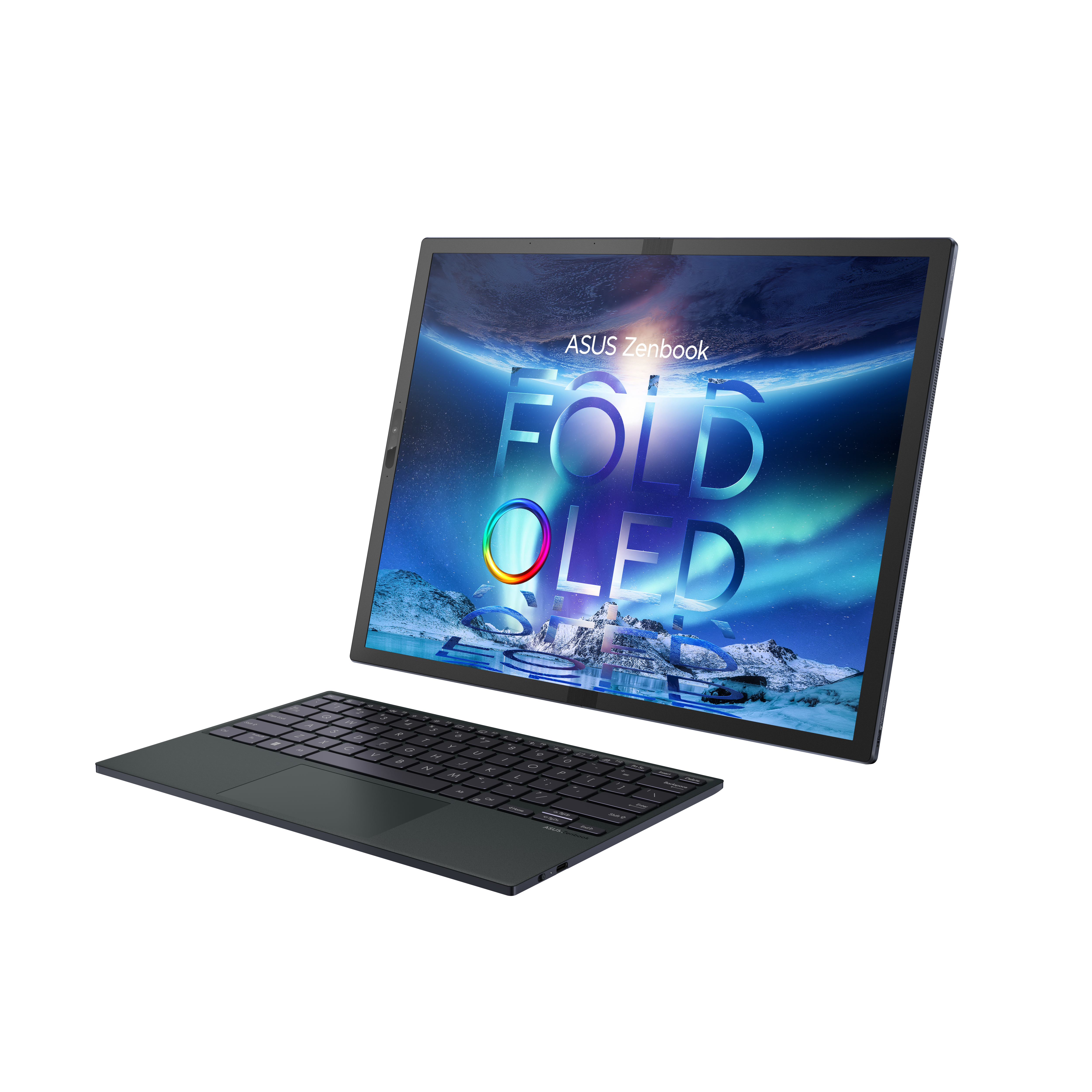 Portátil ASUS Zenbook Fold OLED, abierto con teclado. La pantalla muestra una escena de aurora boreal.
