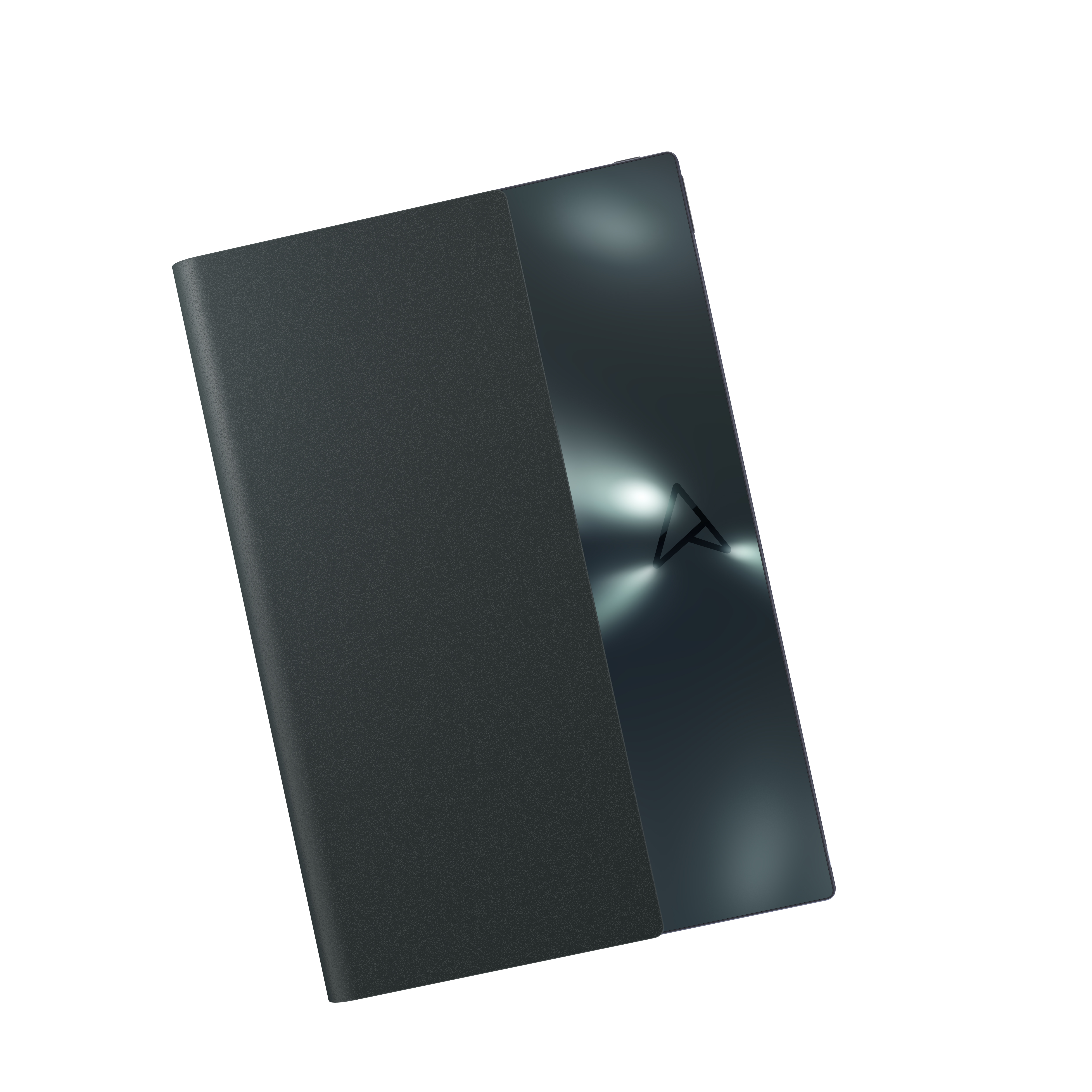 Dispositivo portátil negro y elegante. Presenta una superficie lisa y oscura con un diseño angular.