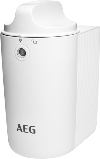 Witte AEG waterfilter. Heeft een cilindrische behuizing en een deksel met een slot.