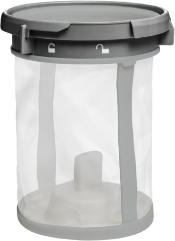 Een grijze wasmachinefilter met een transparant gaas en een grijze dop.