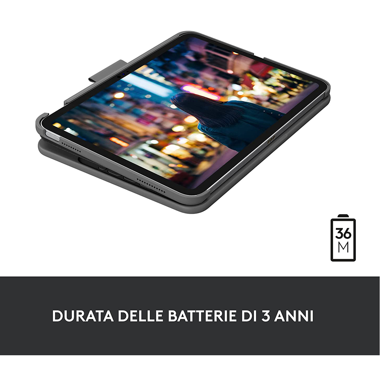 Un tablet in una custodia che mostra una scena cittadina. Il testo in basso indica 3 anni di batteria.