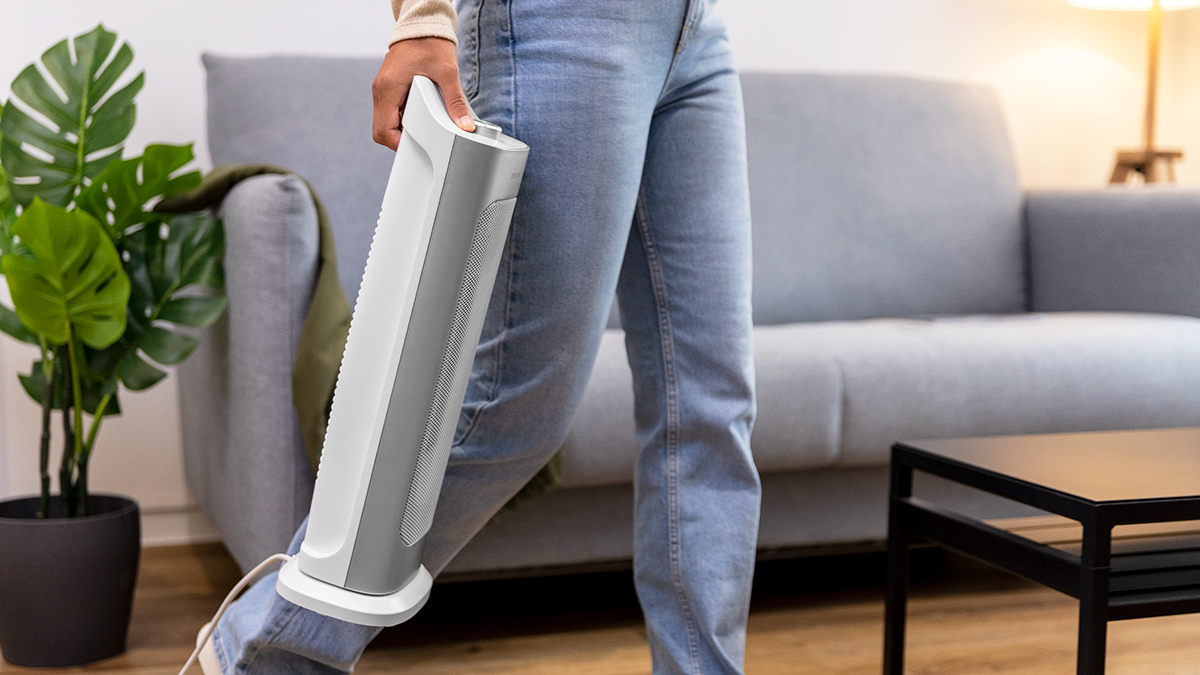 Una persona sostiene un ventilador blanco y gris. Está de pie frente a un sofá gris y una planta en maceta.