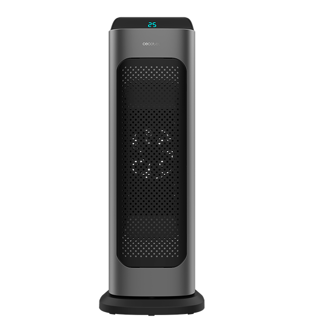 Un calefactor de torre gris oscuro con un panel frontal perforado. Tiene una pantalla digital que muestra '25'. La base es negra.