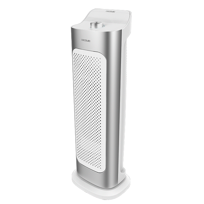 Un purificador de aire blanco y plateado. Tiene un panel frontal perforado, una perilla de control en la parte superior y una base blanca.