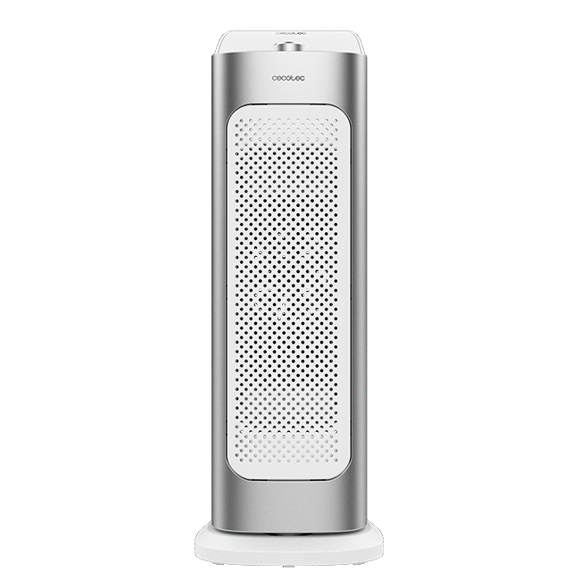 Un purificador de aire plateado moderno con base blanca. Tiene un panel frontal perforado y se ve la marca 'cecotec'.