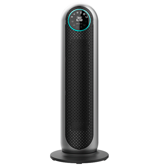 Un ventilador de torre moderno, plateado y negro. Tiene una pantalla digital que muestra la temperatura como 26. La base es negra y redonda.