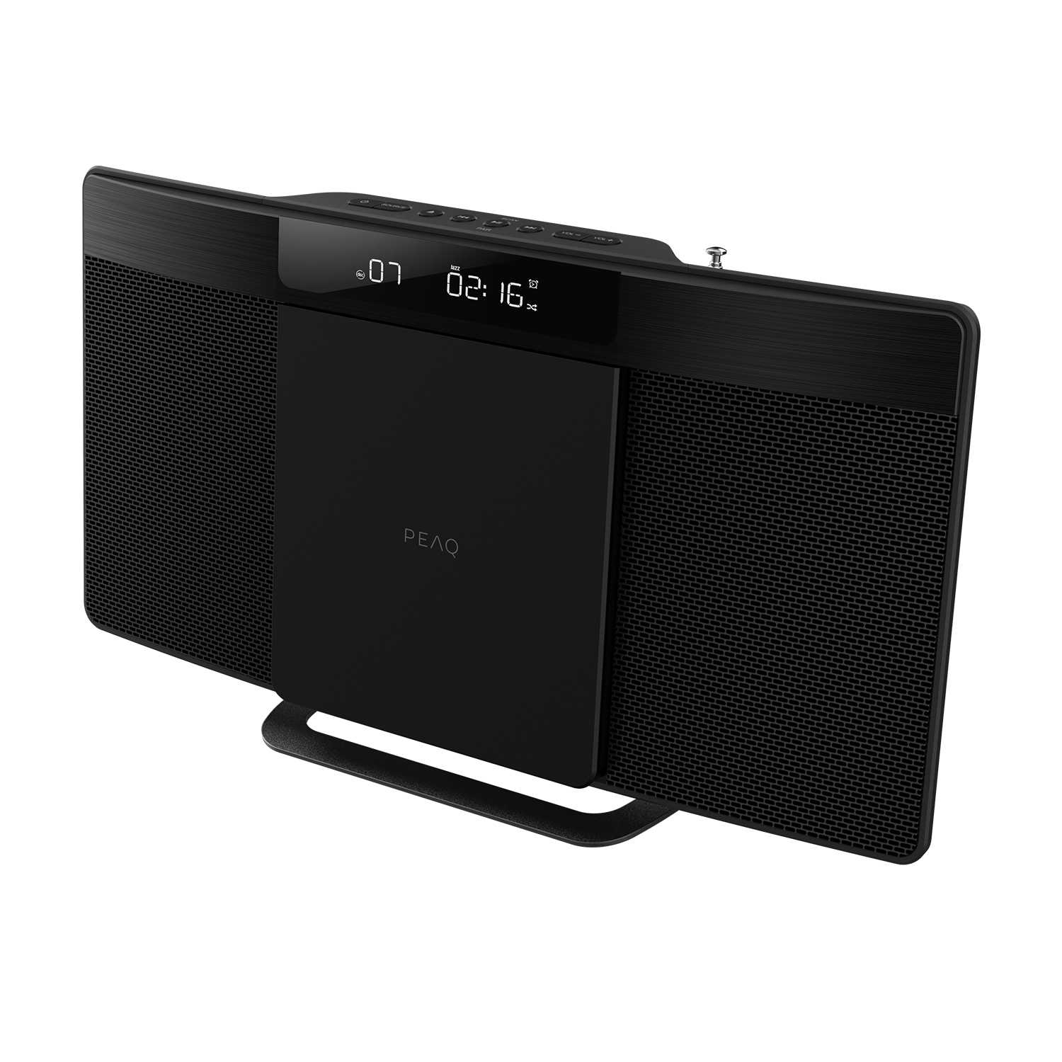 Sistema audio PEAQ nero. Display digitale, altoparlanti e supporto.