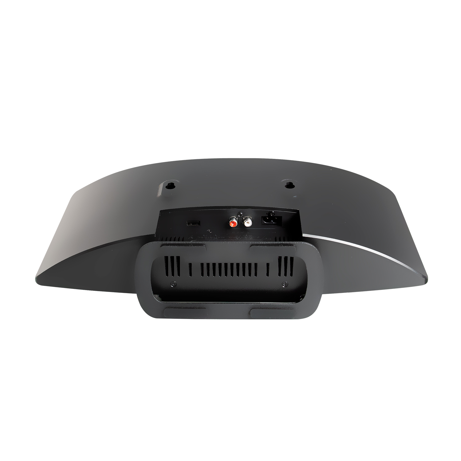 Vista posteriore della soundbar nera e curva, con porte e fori di ventilazione.