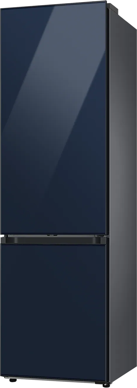 Un frigorifero Samsung blu navy, chiuso. Ha due porte.