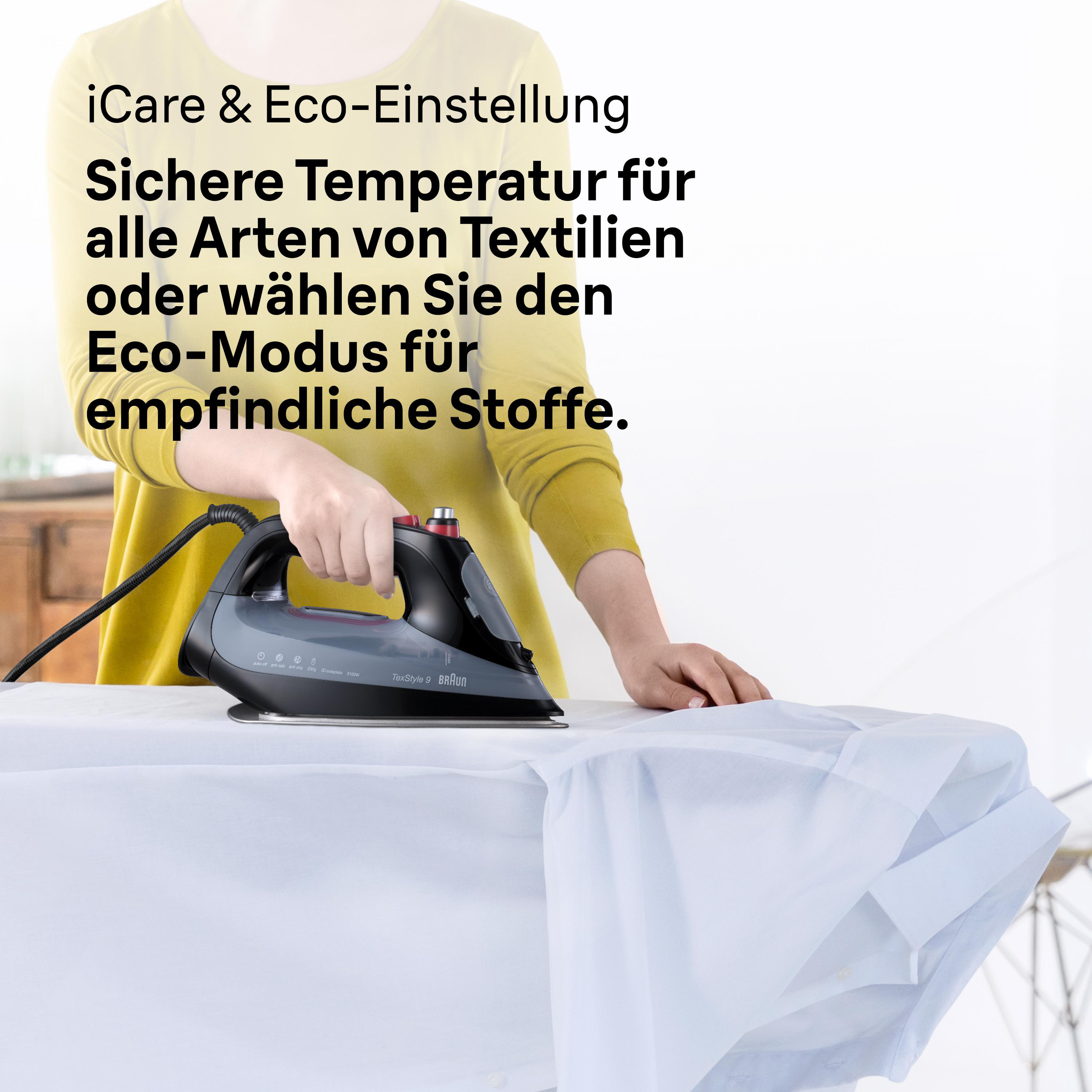 Person bügelt Kleidung mit einem schwarzen Bügeleisen auf weißer Oberfläche.