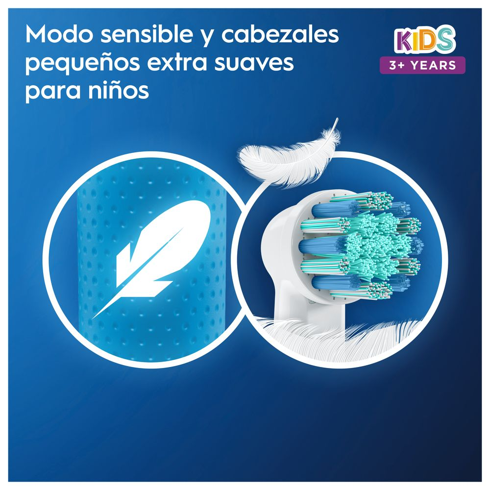 Primer plano de un cabezal de cepillo de dientes blanco con cerdas azules y verdes y una pluma.