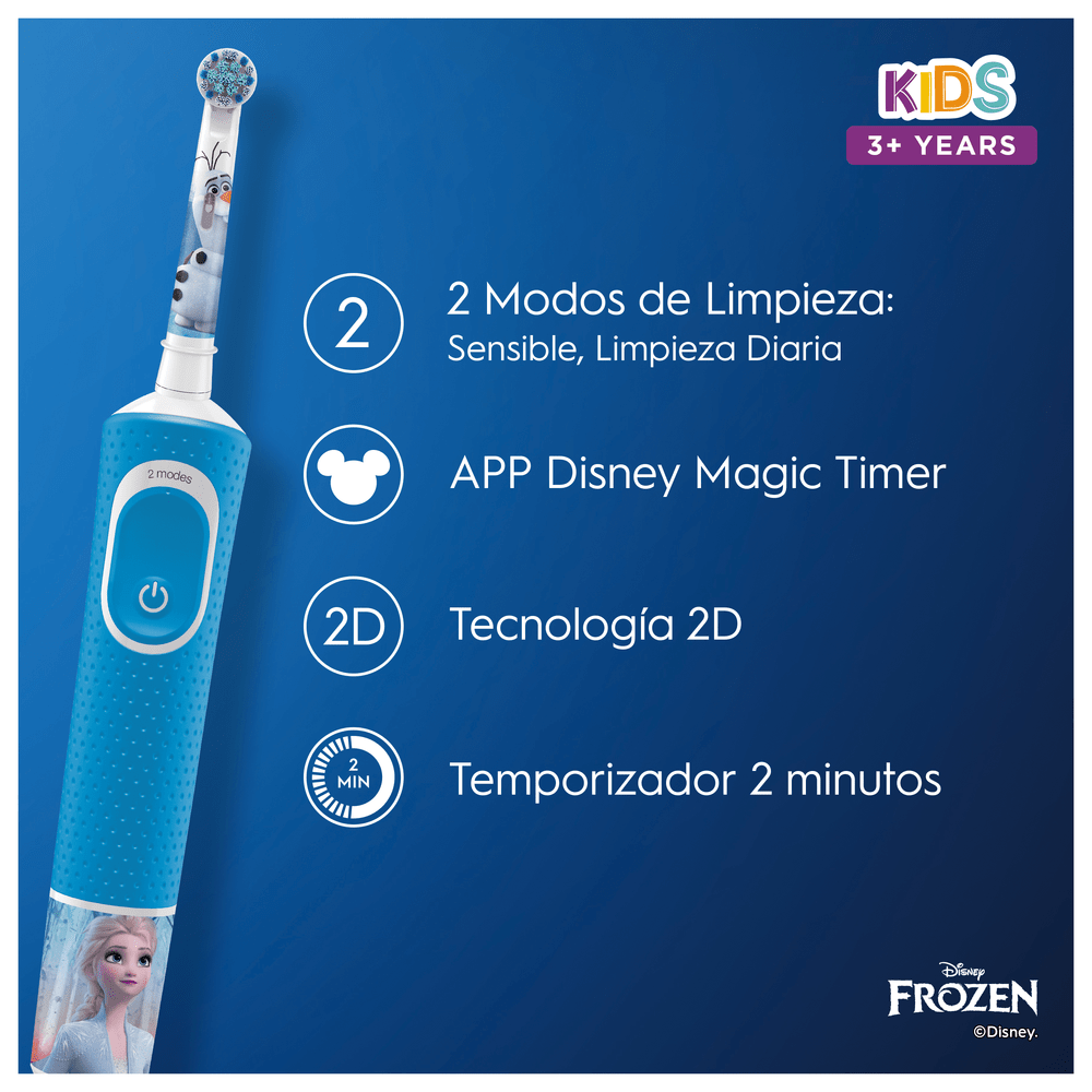 Cepillo de dientes eléctrico azul y blanco con personaje de dibujos animados, se muestran detalles.