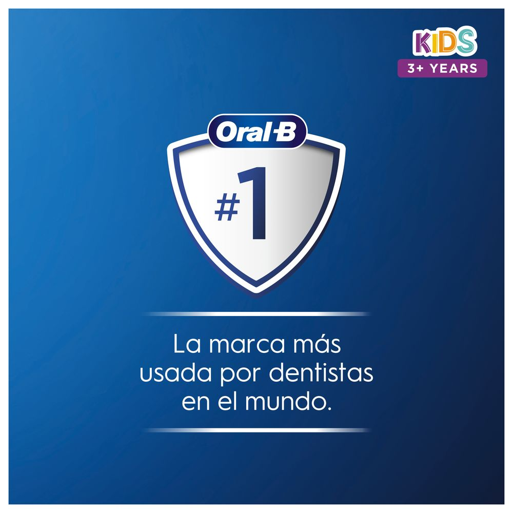 Anuncio del cepillo de dientes Oral-B Kids. Fondo azul, escudo blanco con un número 1 y texto.