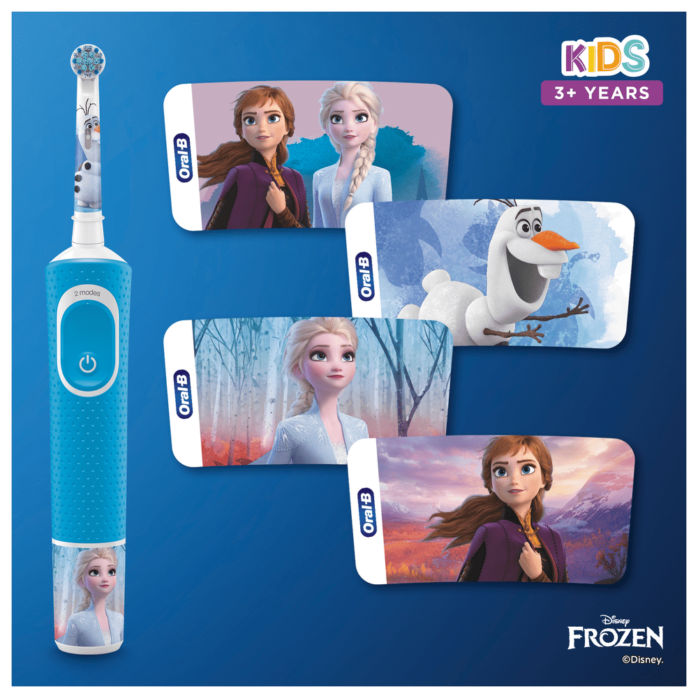 Cepillo de dientes eléctrico Oral-B azul con cabezas de personajes Frozen y tarjetas. Niños 3+ años.