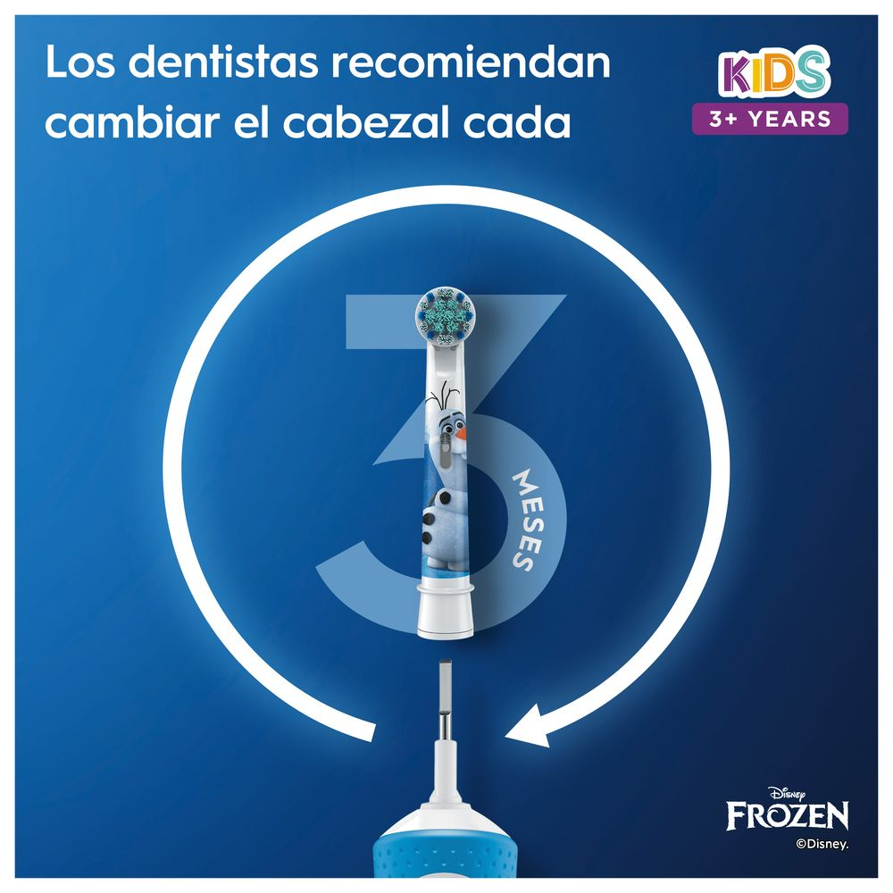 Cabezal de cepillo de dientes con diseño azul y blanco, texto de 3 meses y logo Frozen.