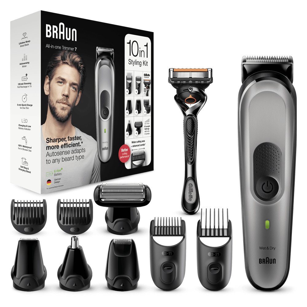 Afeitadora multifunción - Braun Todo En Uno 7 MGK7320, Recortadora De Barba, 10 En 1, Para Hombre, 8 Accesorios, Negro