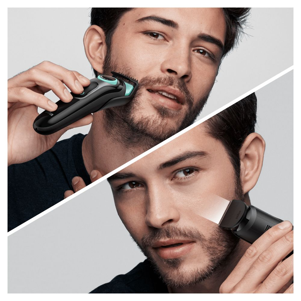 Hombre usando una recortadora de barba. Dos imágenes que muestran la recortadora en acción, una con luz.