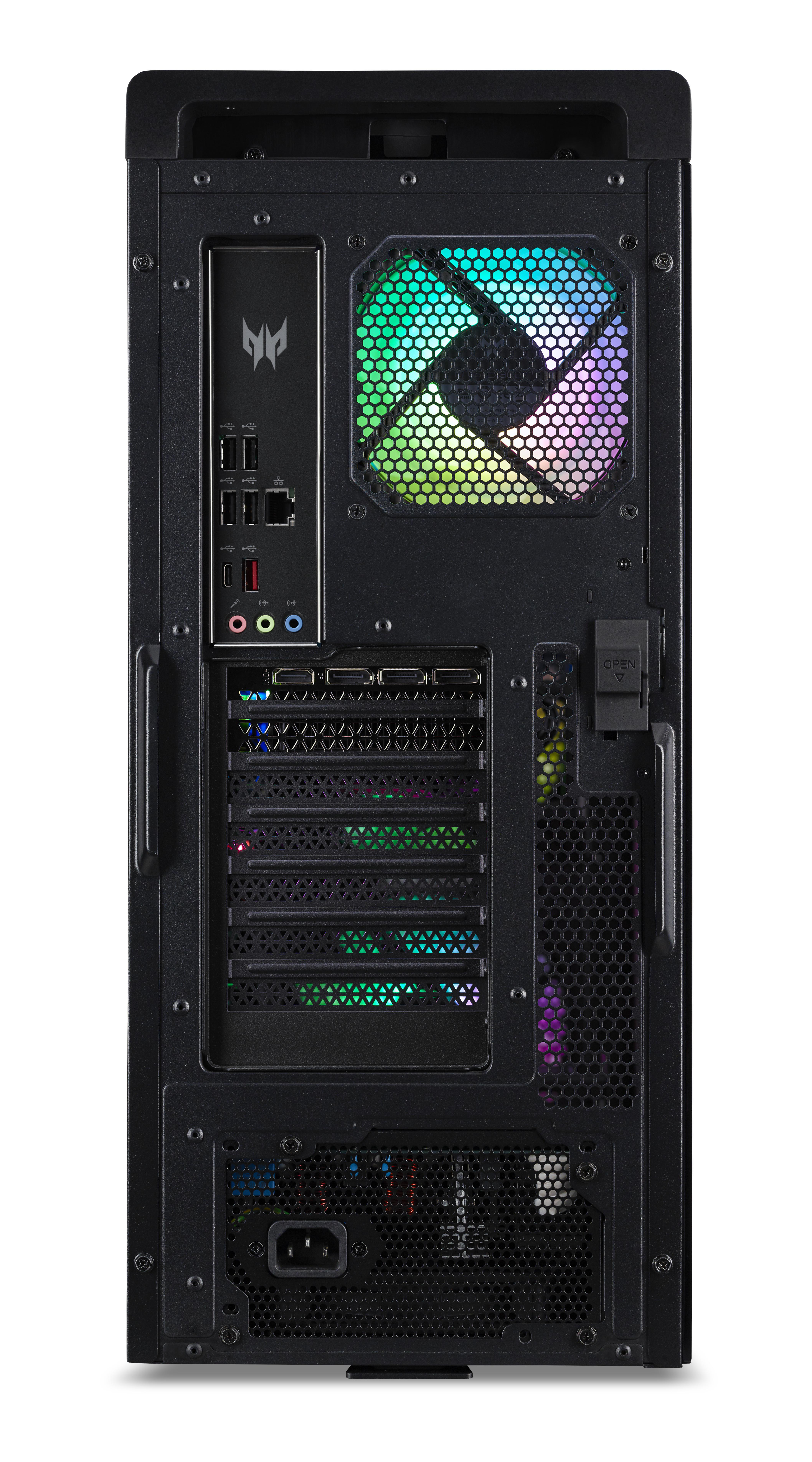 Rückseite eines schwarzen PC-Gehäuses, mit Anschlüssen, Lüfter und Predator-Logo. Bunte Lichter innen.