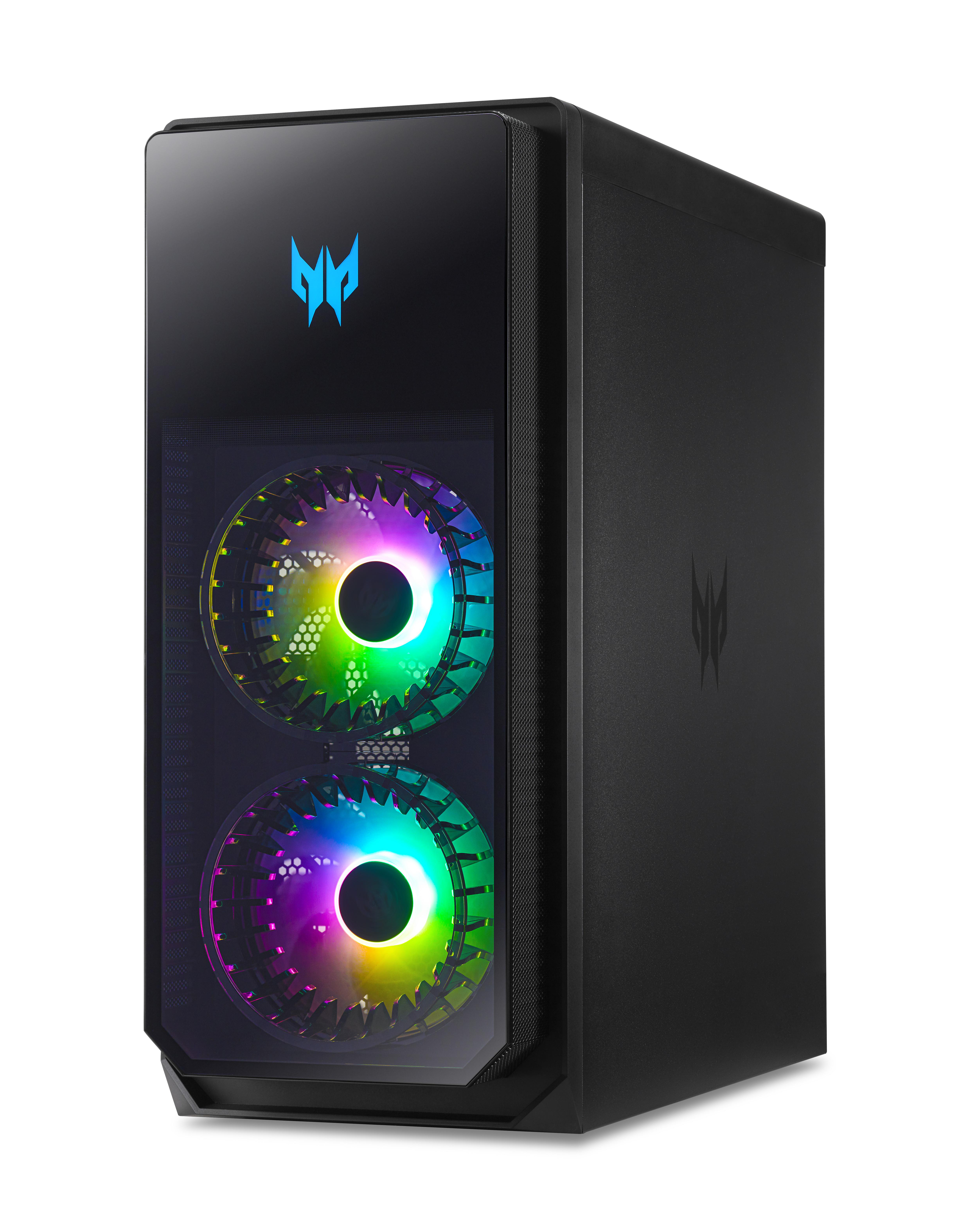 Schwarzes PC-Gehäuse mit farbenfrohen Lüftern, die durch ein Glasfenster sichtbar sind. Predator-Logo oben.
