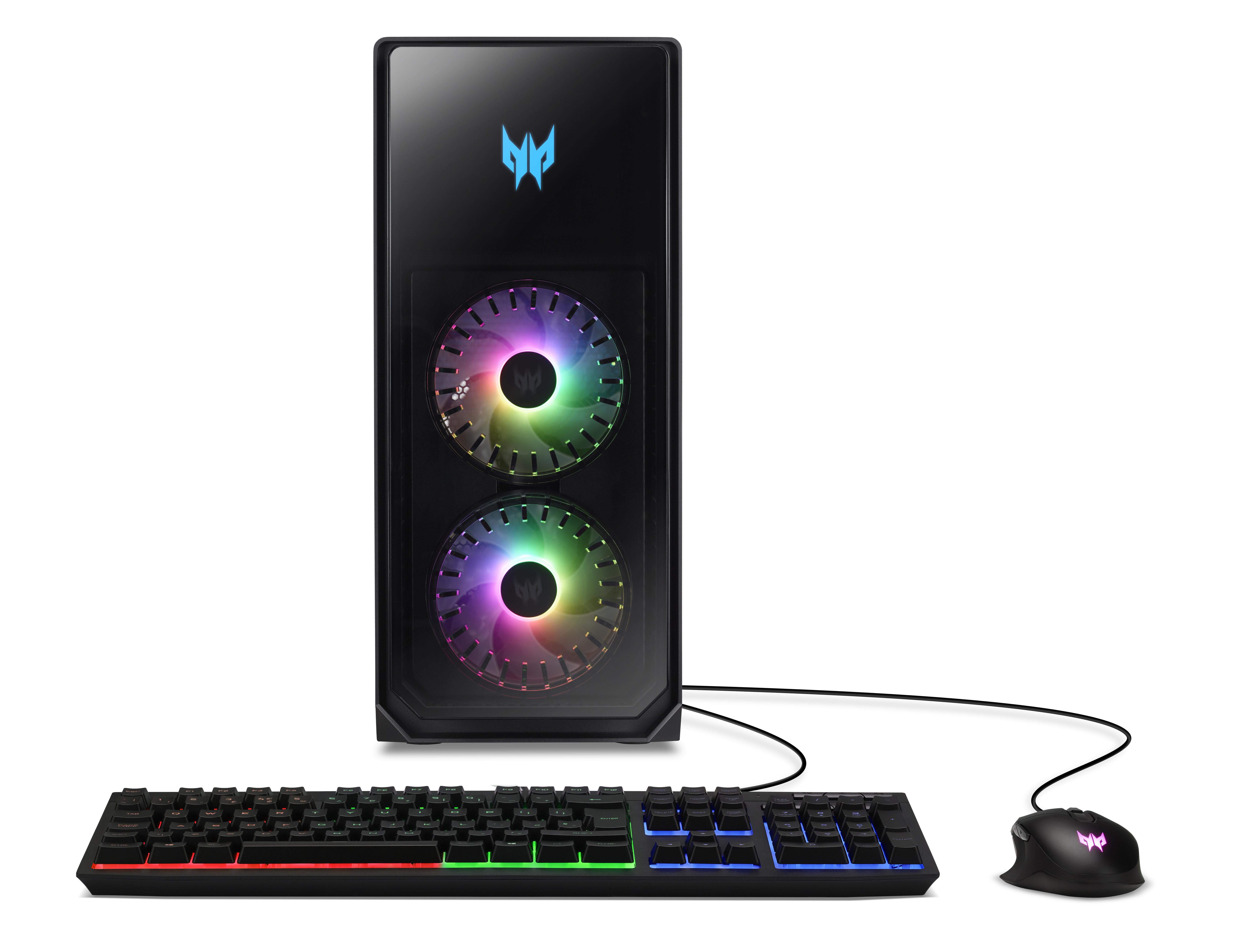 Ein Gaming-Computer mit schwarzem Gehäuse, farbenfrohen Lüftern, Tastatur und Maus. Weißer Hintergrund.