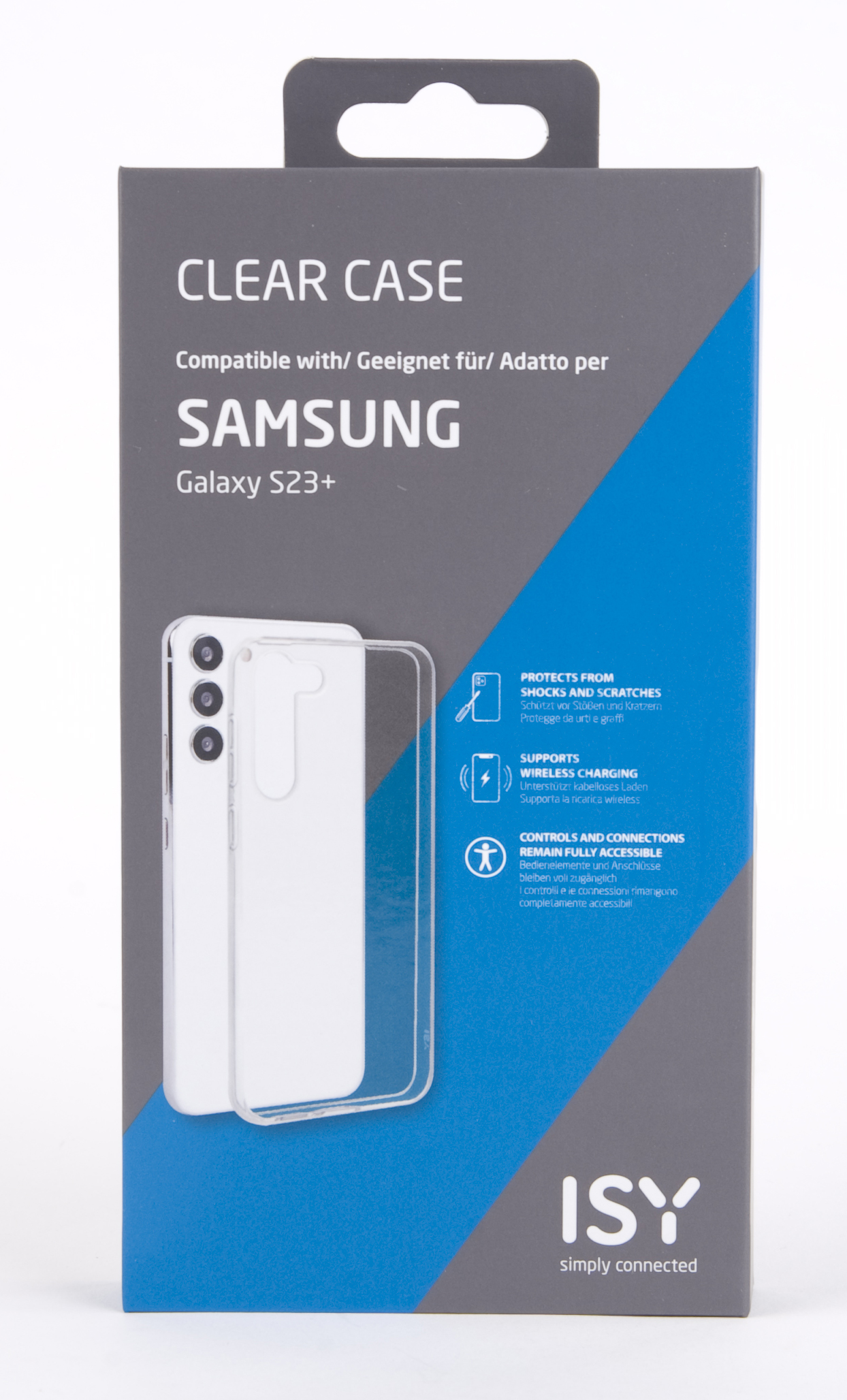 Transparente Handyhülle für Samsung Galaxy S23+, zeigt Handy und Hülle.