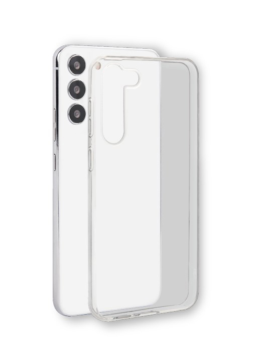 Weißes Samsung-Telefon in einer transparenten Hülle, drei Rückkameras sichtbar.