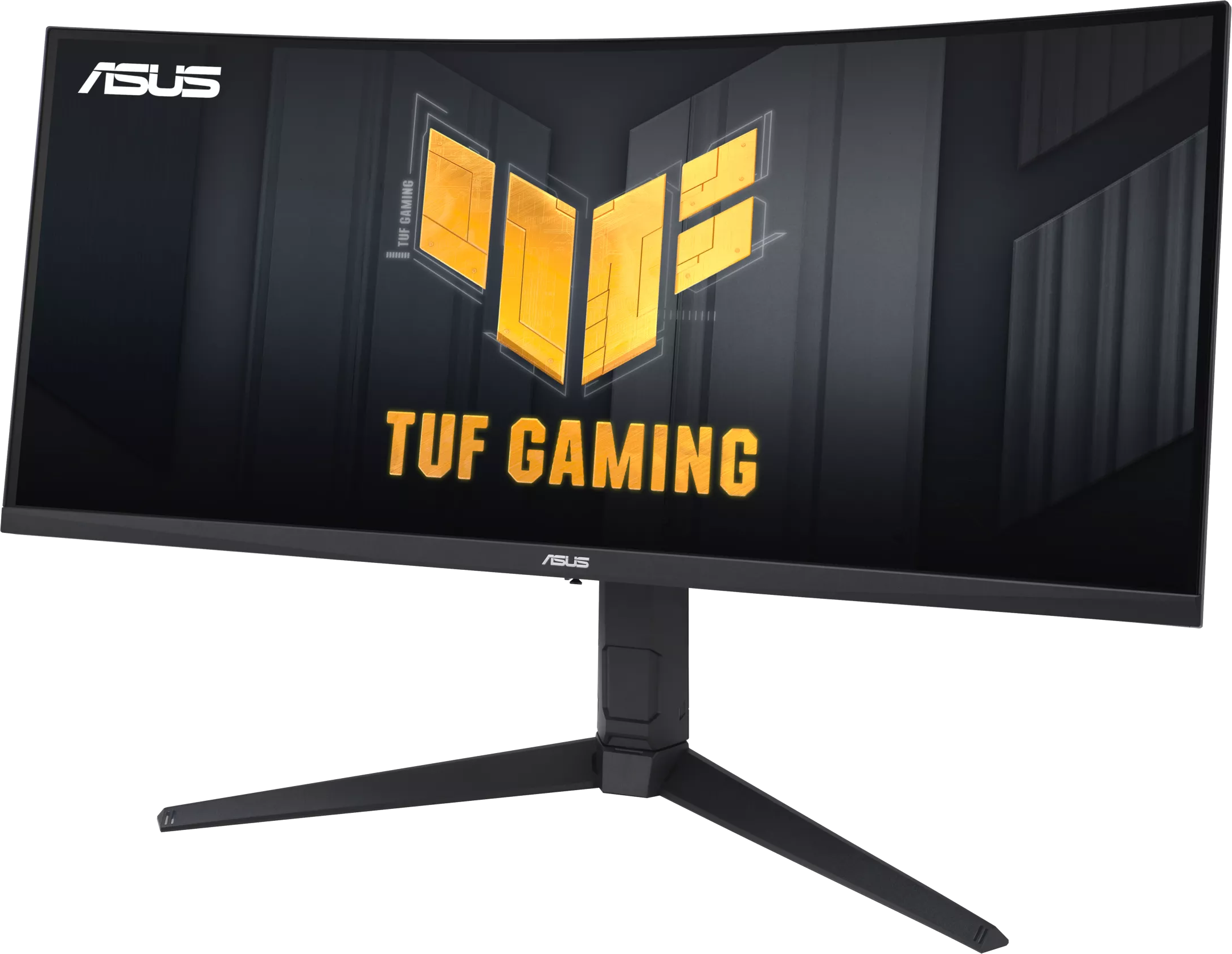 Ívelt ASUS TUF gaming monitor. Fekete keret, sárga-fekete logó, fekete állvány.
