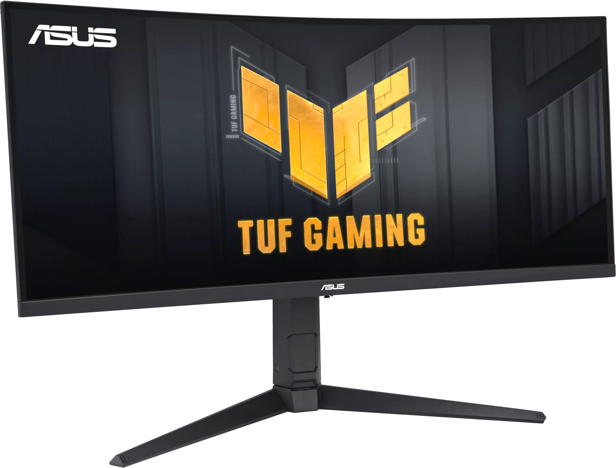 ASUS TUF Gaming monitor. A képernyőn a TUF Gaming logó látható. A monitor fekete állványon van.