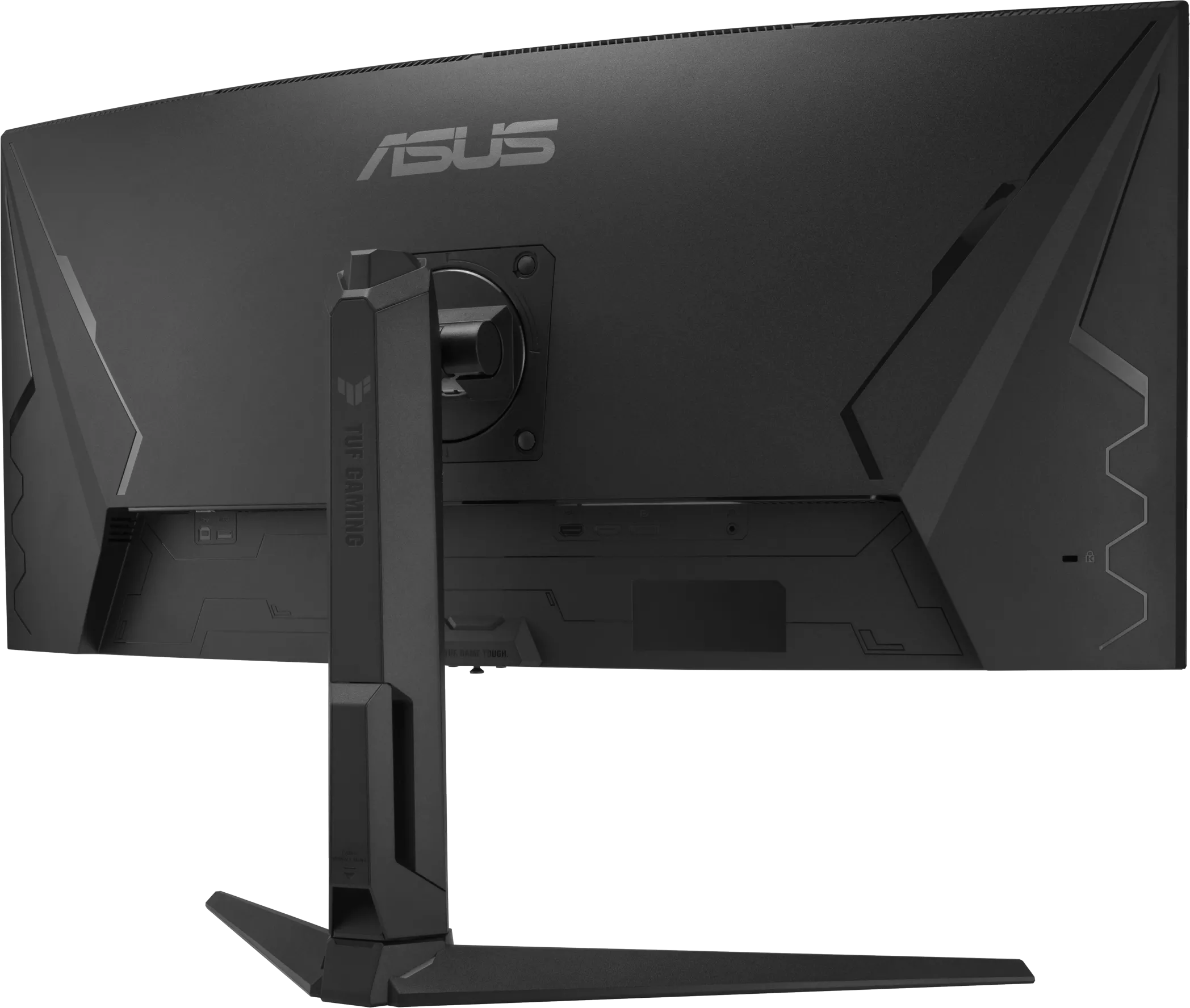 Egy fekete Asus gaming monitor hátulja. Egy állvány és különböző portok láthatók.