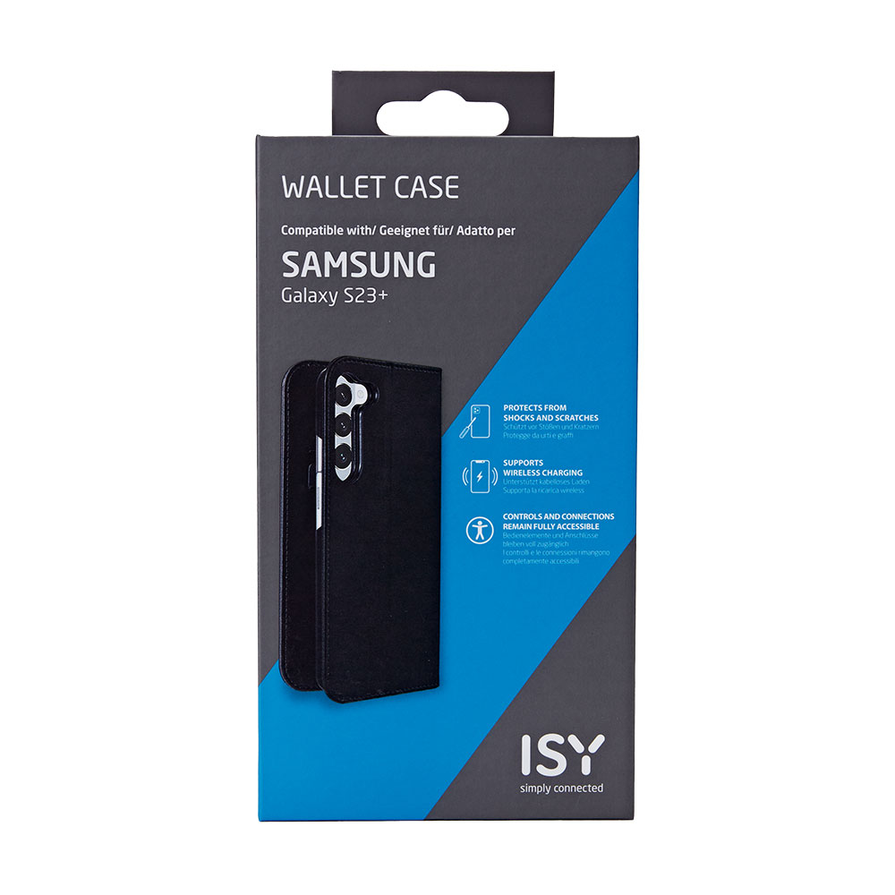 Schwarzes Wallet Case für Samsung Galaxy S23+. Box mit Text und Illustrationen. Schwarz und weiß.
