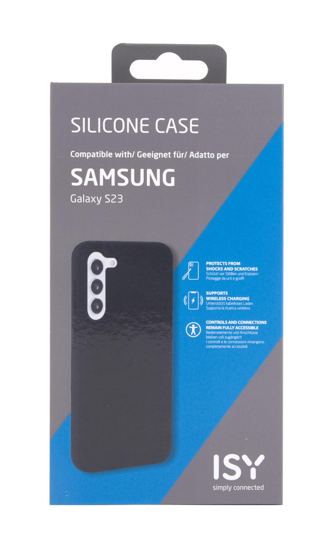 Verpackung für Samsung Galaxy S23 Silikonhülle. Schwarze Hülle sichtbar.