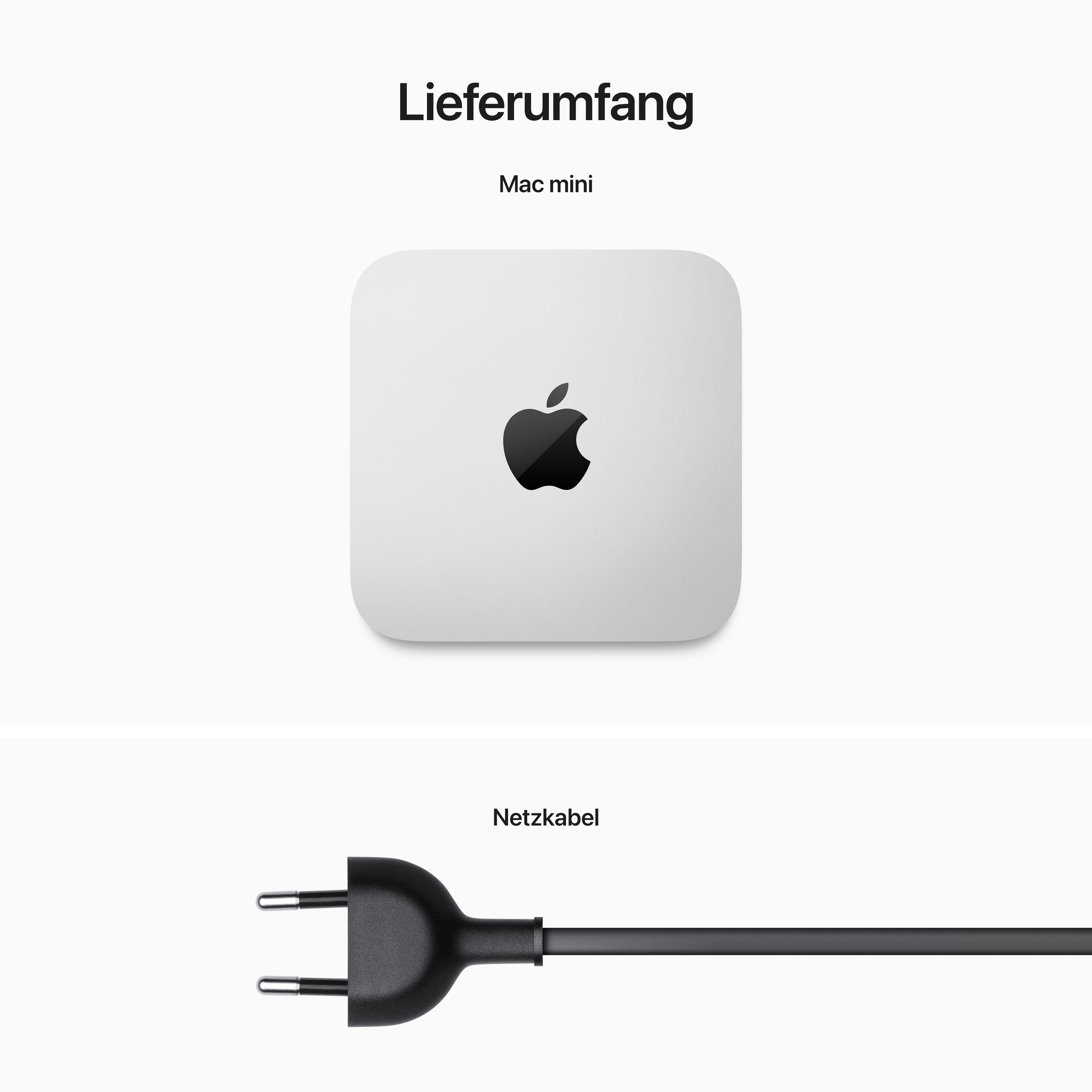 Mac mini und Netzkabel. Der Mac mini ist weiß, mit Apple-Logo. Das Kabel ist schwarz.