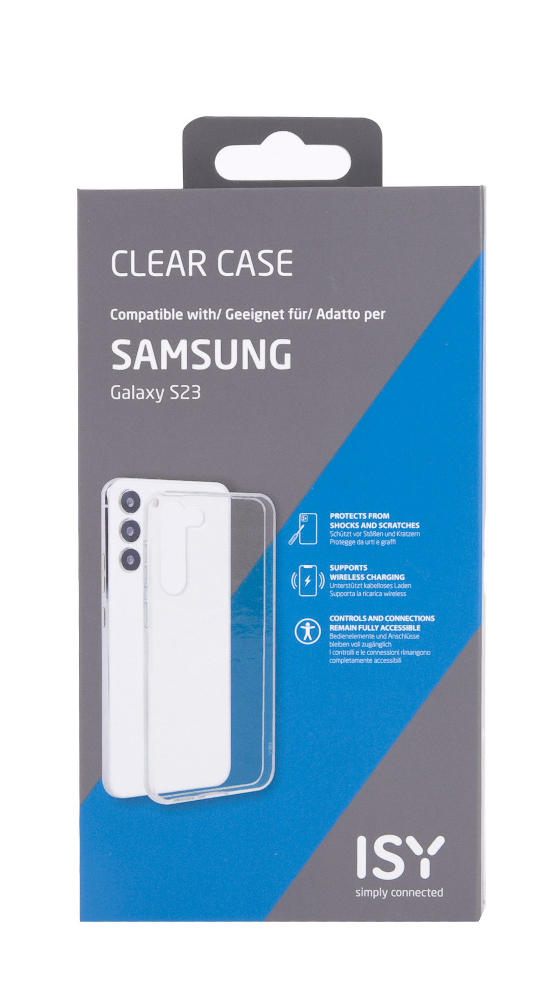 Klare Handyhüllenverpackung für ein Samsung Galaxy S23, mit sichtbarer Handy-Umriss.