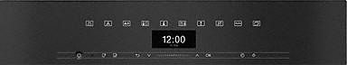 Schwarzes Backofen-Bedienfeld mit Symbolen und digitaler Zeitanzeige 12:00.