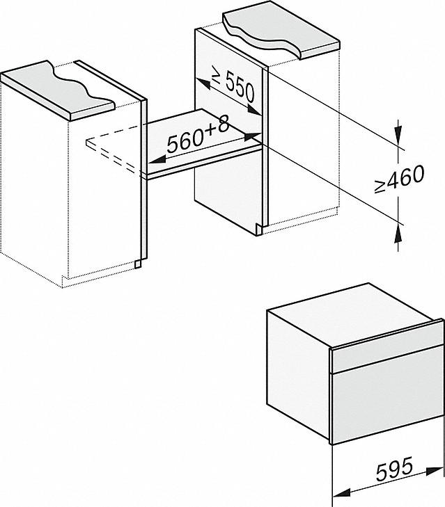 Diagramm einer Küchengeräteinstallation mit Abmessungen in Millimetern. Es zeigt Schränke und eine untere rechteckige Komponente.