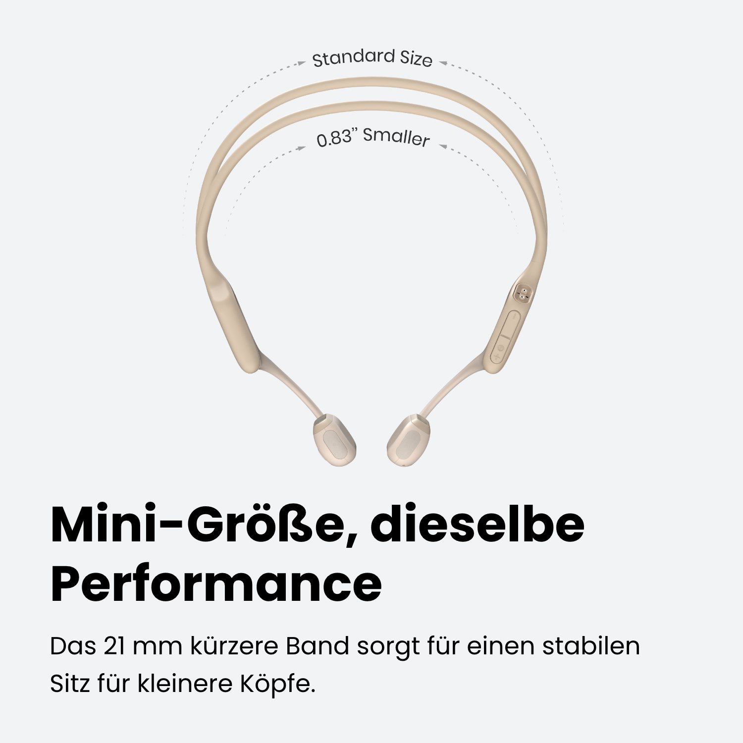 Beige Knochenschallkopfhörer mit Text, Messung des Größenunterschieds.