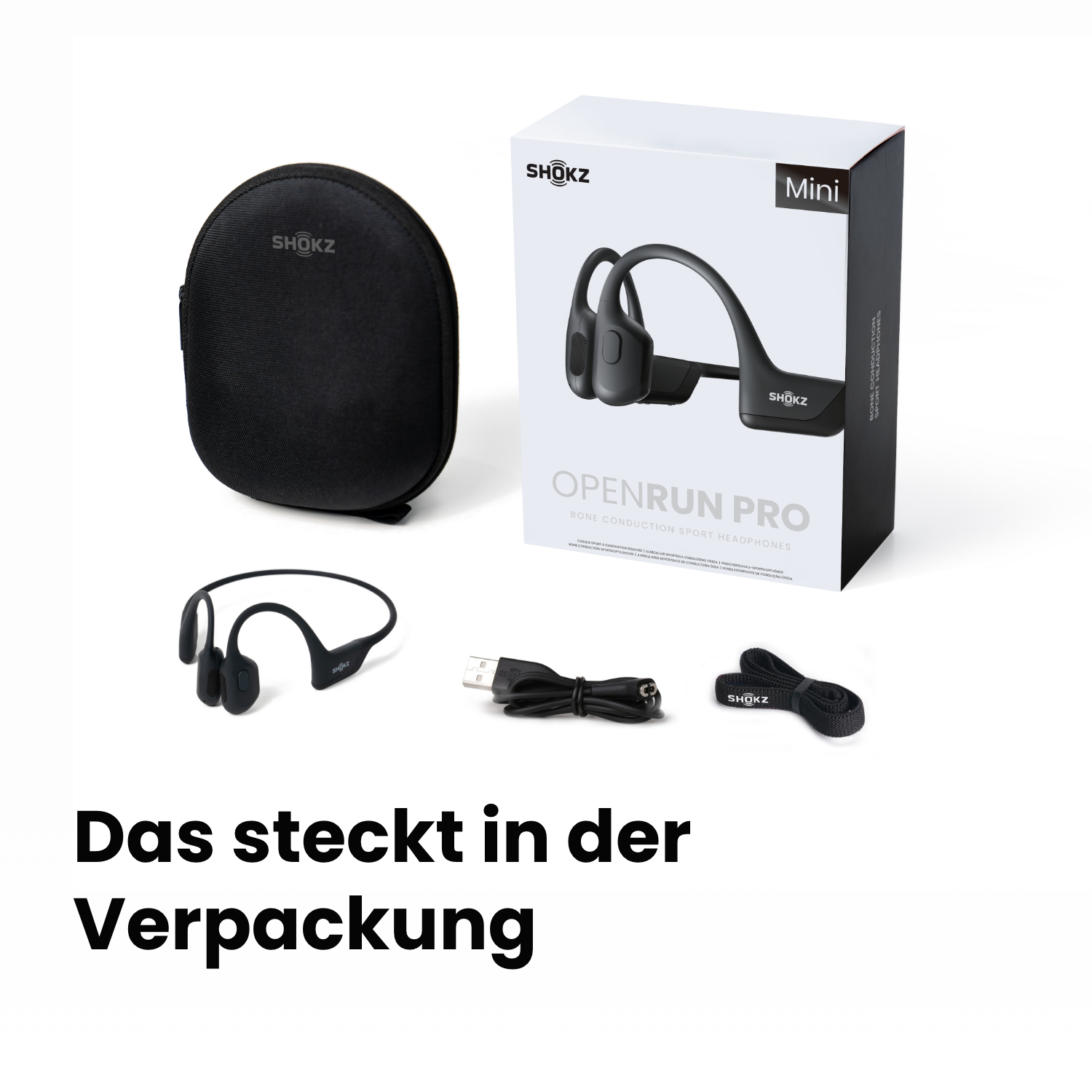 Die Box der Shokz OpenRun Pro Kopfhörer, eine Tragetasche, Kopfhörer, ein USB-Kabel und ein Riemen.