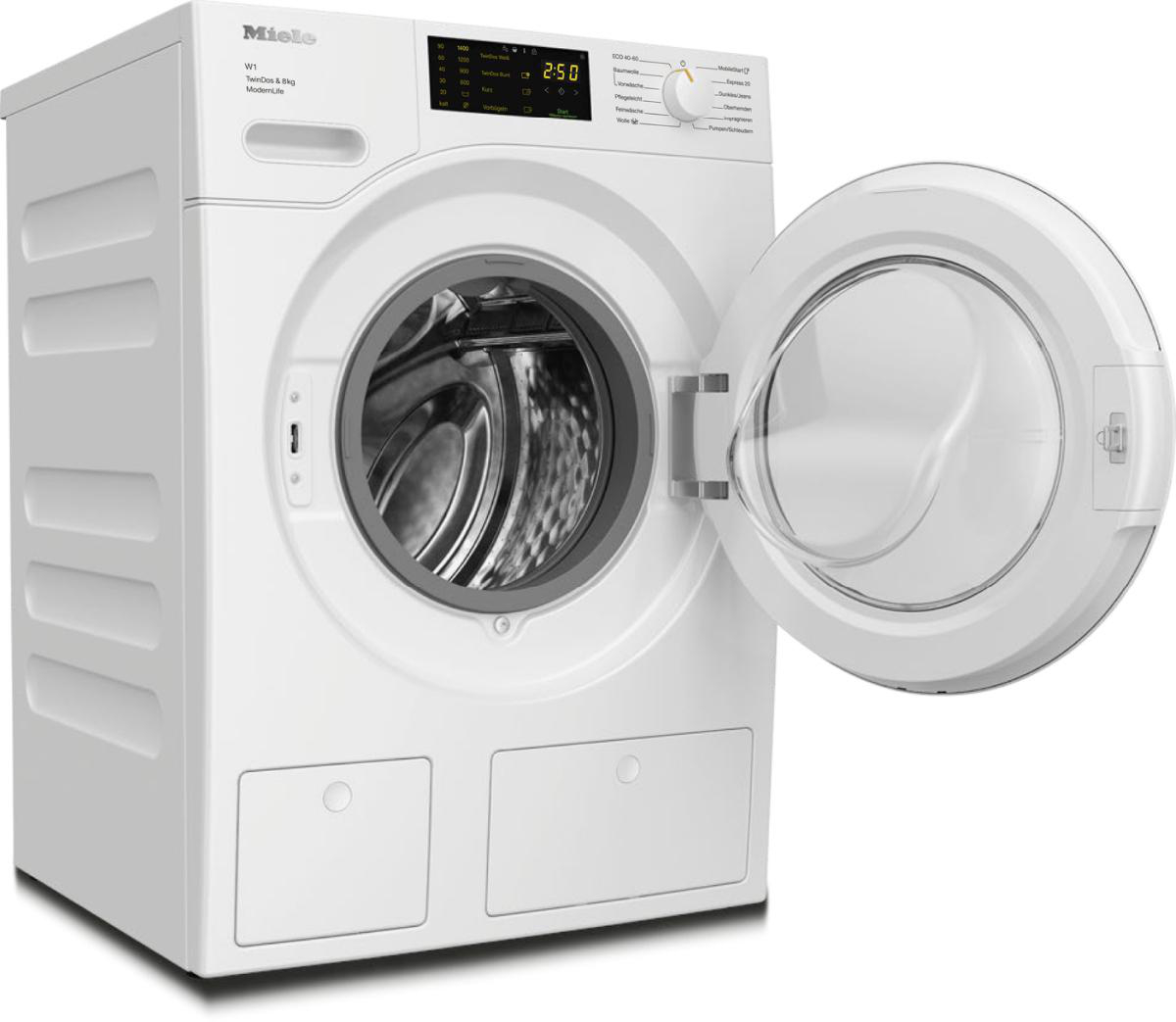 Eine weiße Miele Waschmaschine mit offener Tür. Das Display zeigt 2:50. Die Maschine steht auf weißem Hintergrund.
